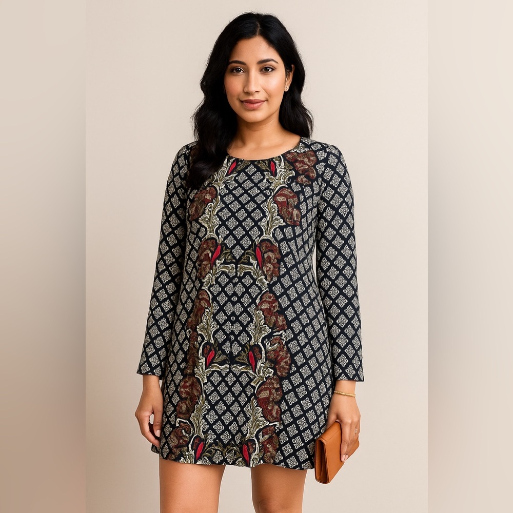 Xhilaration Black and Red Geometric Long Sleeve Dress